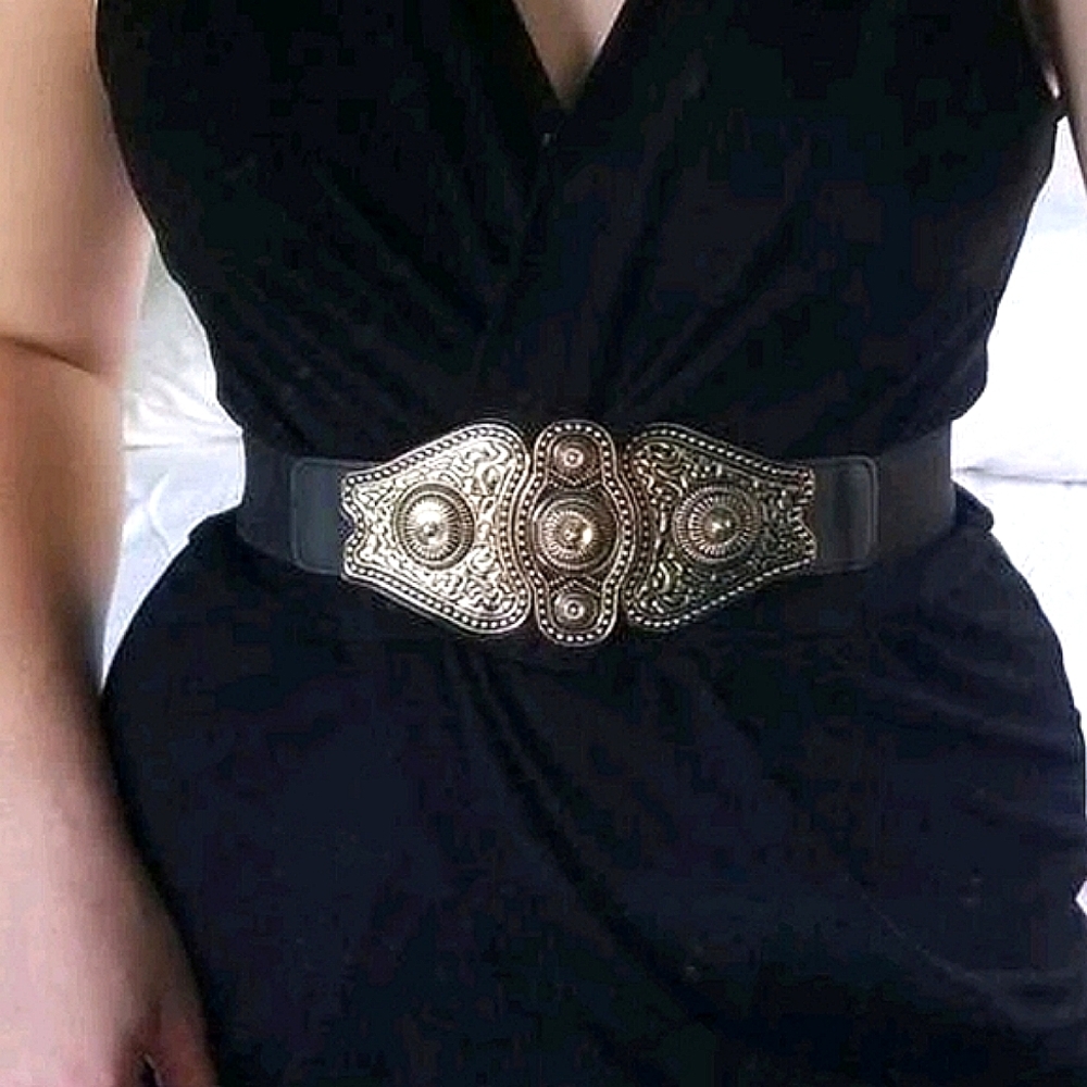 Women's Black Elastic Belt with Ornate Gold Buckle